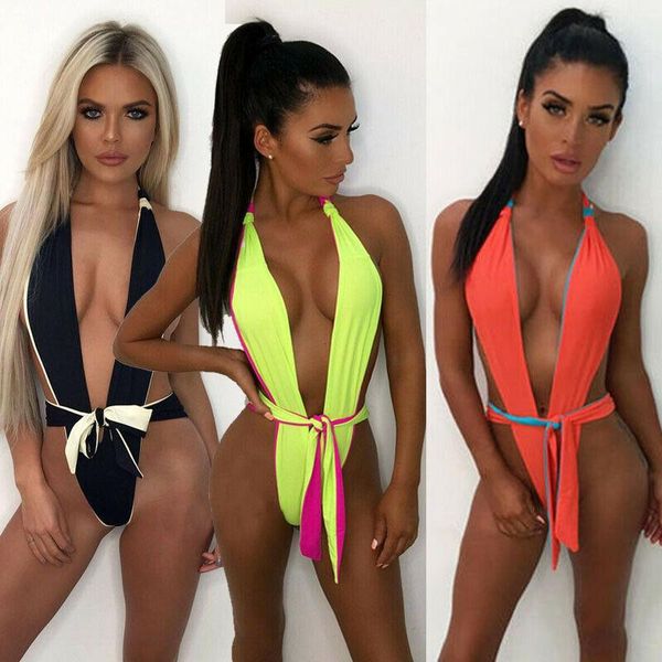 

one-piece suits women's bandage bikini deep v-neck color patchwork swimwear swimsuit bathing beachwear