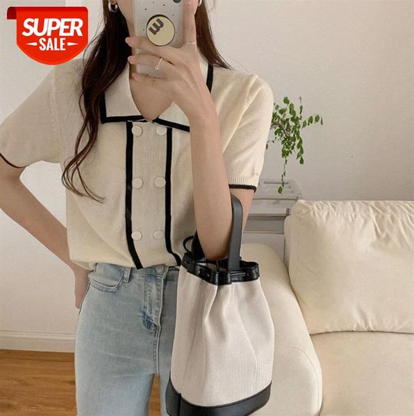 

french style retro hit color double-breasted polo collar short-sleeved knitted #5q6l, Black;gray