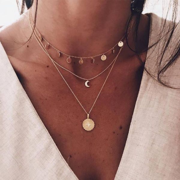 

pendant necklaces 2021 fashion multilayer coin sequins necklace women bohemian crystal moon sun choker statement jewelry, Silver