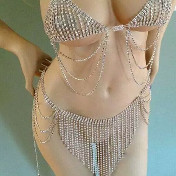 

luxurious full rhinestone body suit bras thongs hyperbole geometric shining underwear jewelry for women belly chain, Silver