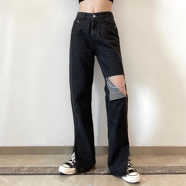 

women's straight jeans spring summer autumn 2021 high waist ripped pants loose full-length black gray thin denim trousers, Blue