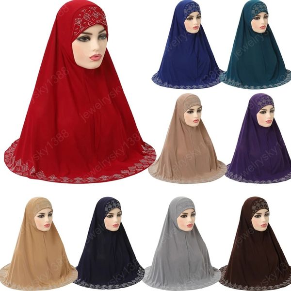 Moda tamanho grande muçulmano hijab mulheres com strass puxar em cachecol islâmico cabeça envoltório rezar cachecol headbands capa completa hijab