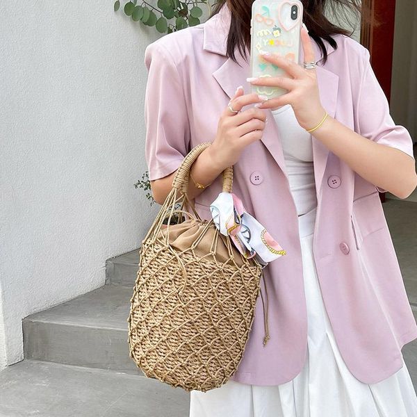 

drawstring fishing woven bag female fashion travel portable summer korean net leisure vacation beach straw uxvio