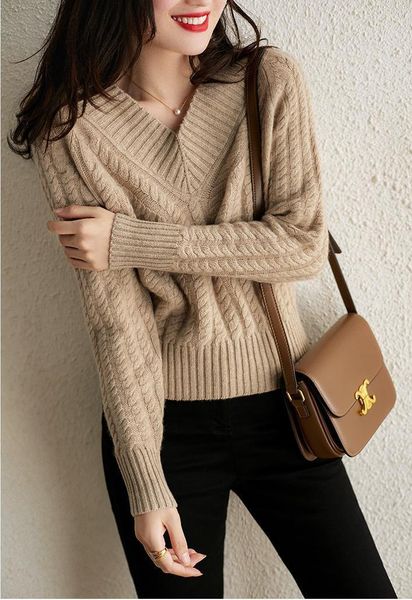 

fall / winter lightweight soft cashmere fashion knitted v-neck loose sweater for women, White;black