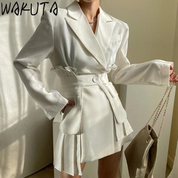 

casual dresses wakuta pleated patchwork white irregular dress 2021 high street elegant belted short chic ladies offical vestidos solid, Black;gray