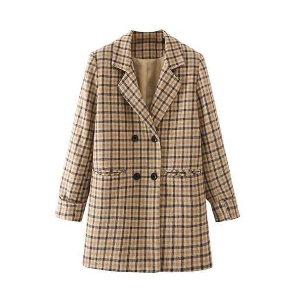 

women's suits & blazers mesttraf women 2021 fashion double-breasted plaid blazer retro long sleeve pocket decorative coats streetwear, White;black