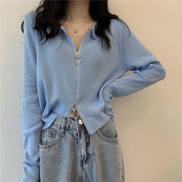 

women's knits & tees spring autumn simple all match zipper short knitted cardigan women casual chic long sleeve female thin sweater out, White