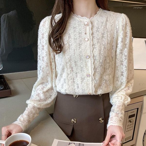 

women's blouses & shirts korean style apricot lace hollow out women blouse autumn lantern long sleeves vintage elegant office lady, White