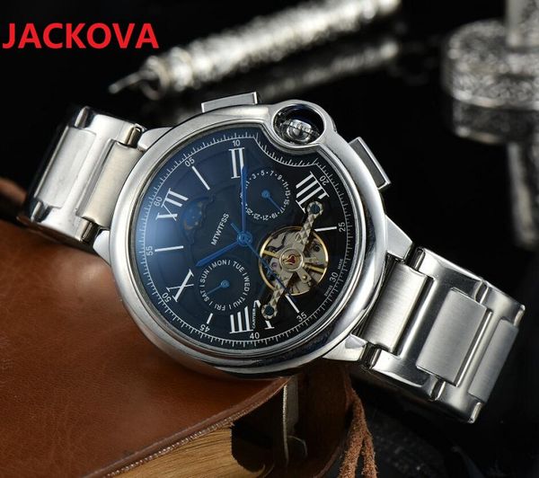 Volano di fabbrica Orologio meccanico automatico Tourbillon Moon Phase Nero Militare Fine Acciaio inossidabile Business Uomo impermeabile Orologi maschili di lusso Reloj de lujo