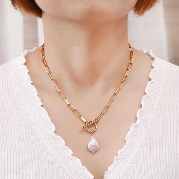 

chains pattern irregular paperclip chain link freshwater pearl pendant sweater necklace gold plated stainless steel long, Silver