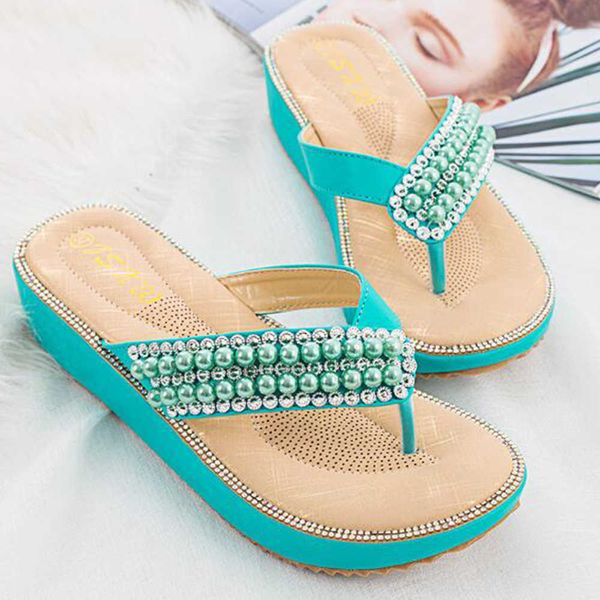 Kadın sandalet yaz moda ayakkabı kızlar vahşi inci flip flop kaymaz düz xx2 210625