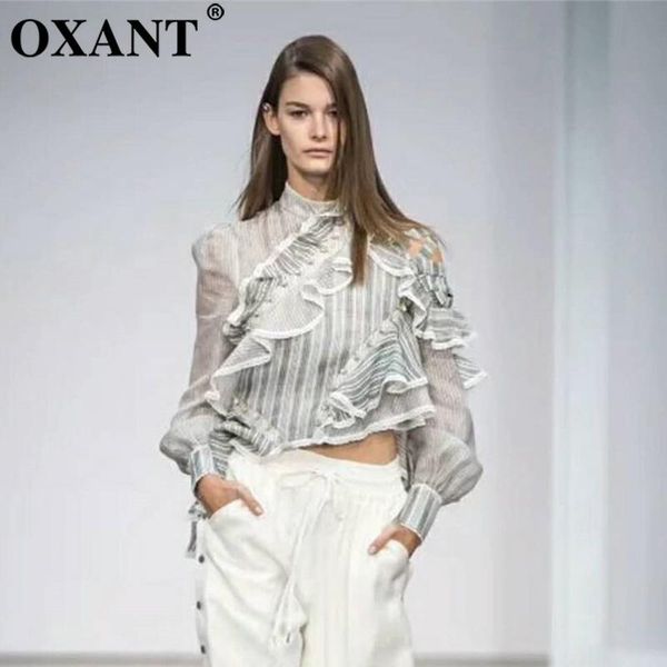 

women's blouses & shirts oxant striped shirt women ruffles patchwork hollow out stand collar irregular blouse female spring fashion swe, White