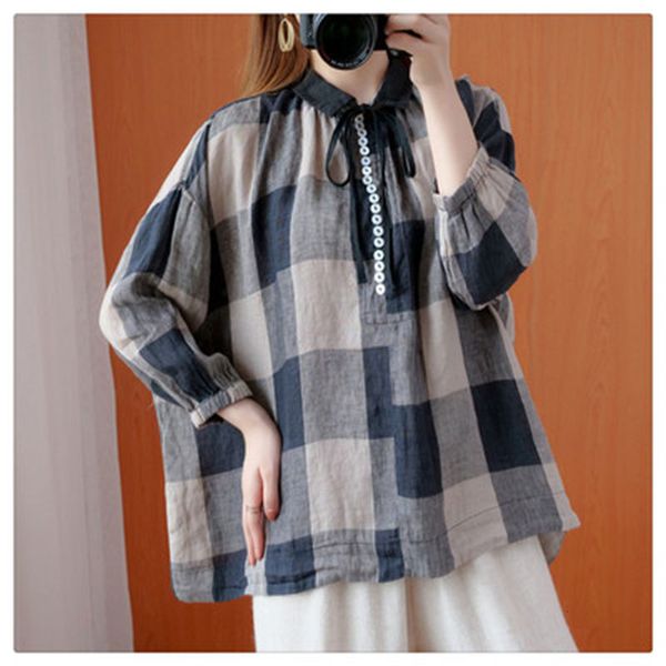 

women's blouses & shirts autumn arts style women long sleeve turn-down collar loose vintage cotton linen plaid blouse femme b, White