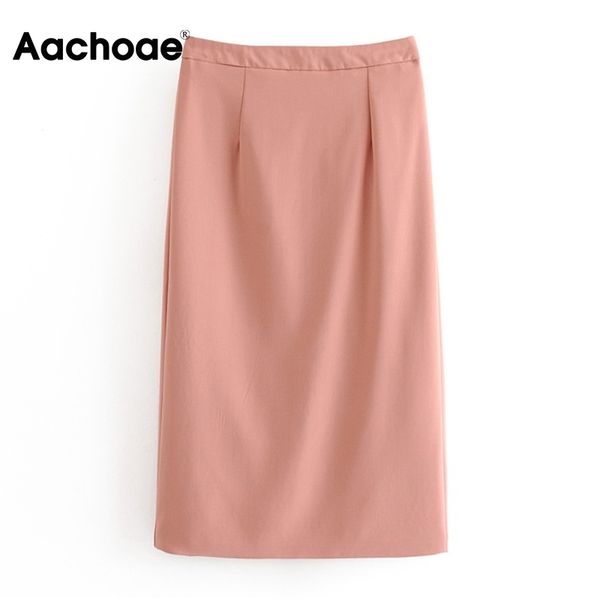 Aachoae, falda recta elegante sólida para mujer, falda de trabajo de cintura alta para oficina, faldas hasta la rodilla con abertura lateral para mujer, faldas para mujer Jupes 210413