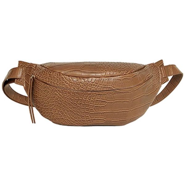 

crocodile pattern pu leather waist bags for women solid color funny packs ladies belt phone female pack(brown)