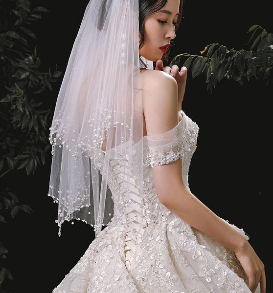 

bridal veils luxury wedding veil with crystal edge short two layers white ivory tulle 2021, Black