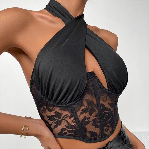 

women's tanks & camis women cutout crop tank sleeveless wrap bustiers lace corset summer party chic criss cross halter tie up, White