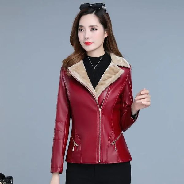 

women's leather & faux female fur jacket 2021 women thick autumn winter short slim temperament korean version suit collar anti-season c, Black