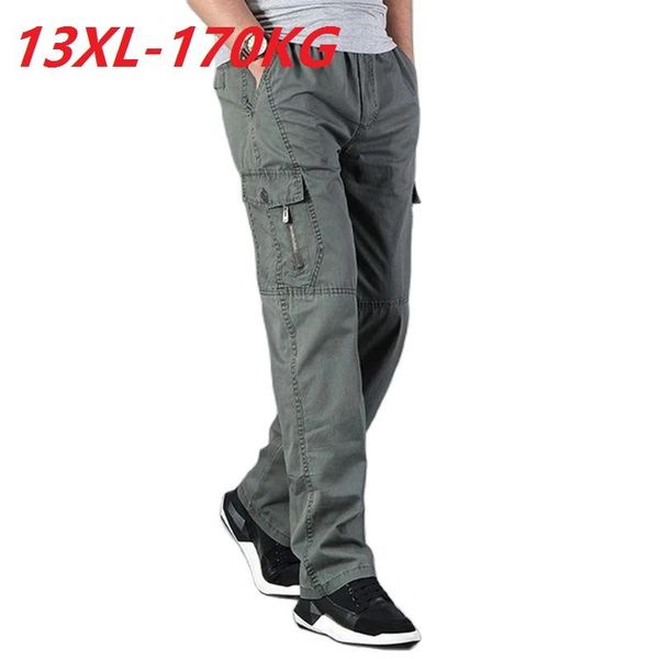 

men's pants 13xl 170kg autumn men cargo pocket zipper summer out door big size male simple army green straight trousers, Black