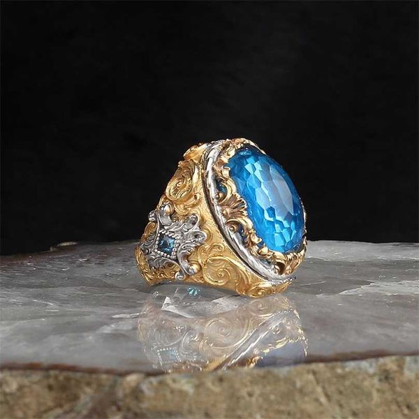 Homens banhados a ouro Anel 925 Sterling Silver Blue Topaz Gemstone S Masculino Jóias S Para as Mulheres S S Jóia 211217