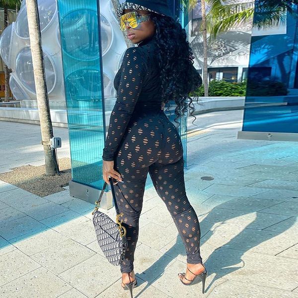 

hollow out jumpsuits women turtleneck net plaid hole ny elastic club streetwear solid rompers female outfits, Black;white