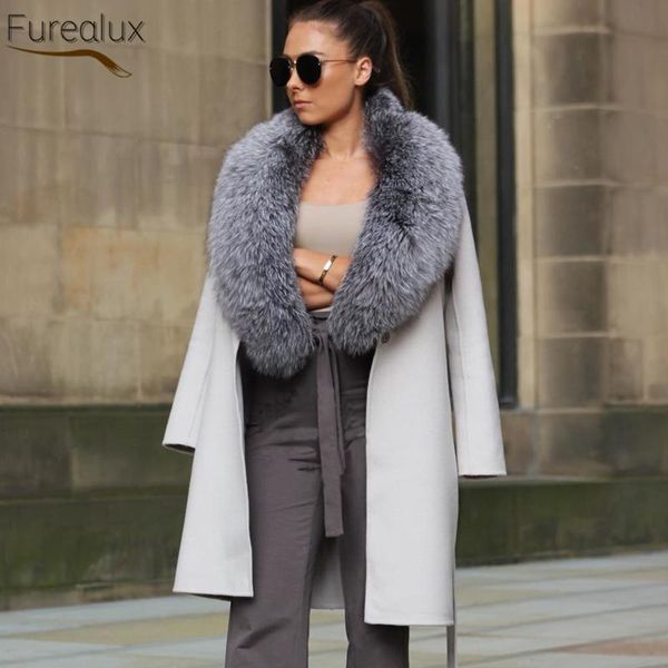 

women's fur & faux furealux real wool coat with natural collar autumn winter fashion clothing warm street style arrival, Black