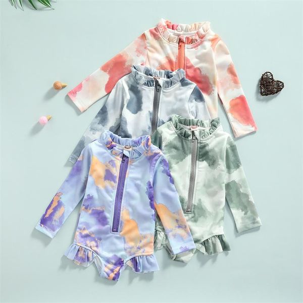 

one-pieces fashion children tie-dye swimsuit girls long sleeve o-neck zip-up swimwear with ruffles for 1-5 years, Black