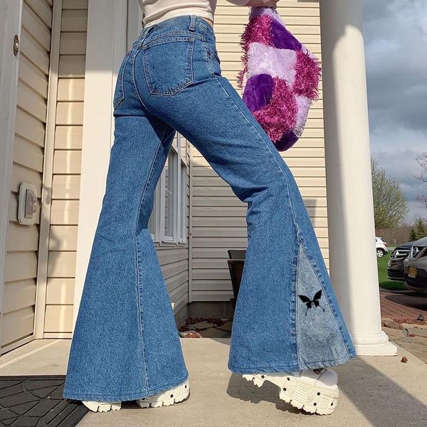 

fashion patchwork butterfly print flare jeans e-girl aesthetics high waist baggy pants retro outfits 90s streetwear women's, Blue