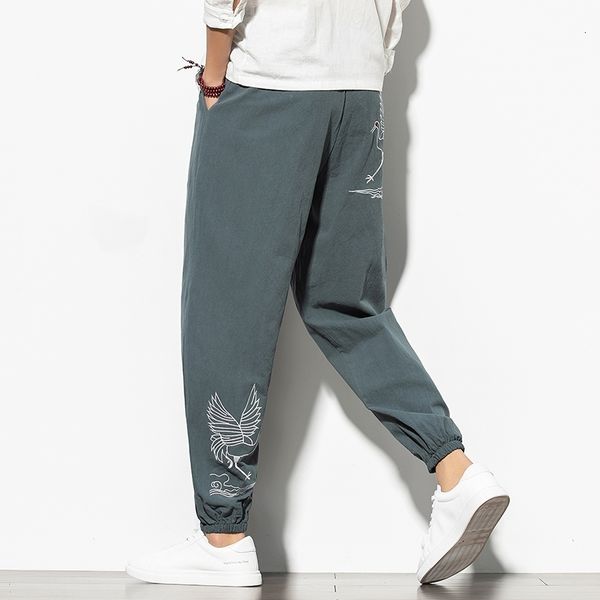 

men's pants harem autumn summer male trousers korean style cotton linen printed full drawstring sweatpants xyr8, Black