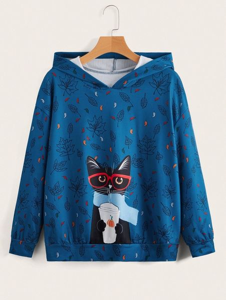 

emery rose cat and leaf print drop shoulder hoodie 74i9#, White;black