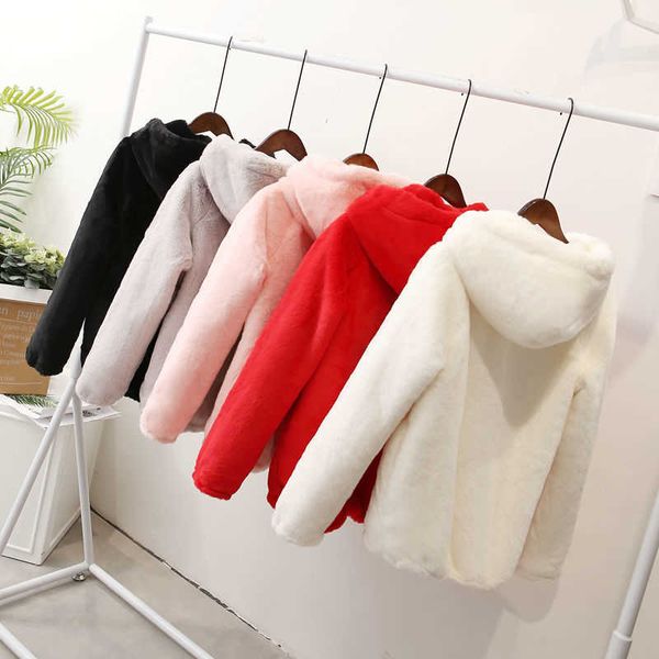 

faux fur coat with hood high waist fashion slim black red pink jacket fake rabbit 210601