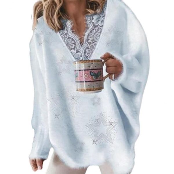 

women's sweaters women sweater solid color lace neckline autumn winter five-pointed star pattern v neck for daily wear jumper, White;black