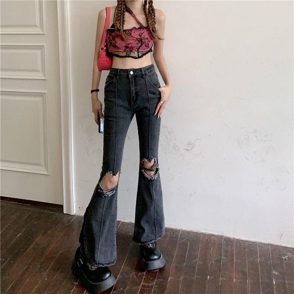 

women's jeans hole summer 2021 retro high waist slim straight pants split micro flared, Blue