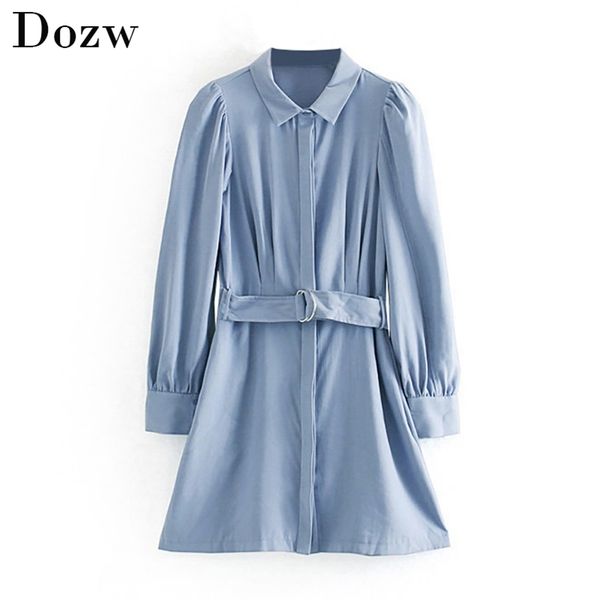 

elegant women solid shirt dress female turn down a-line mini dresses with belt casual puff long sleeve office short vestido 210515, Black;gray