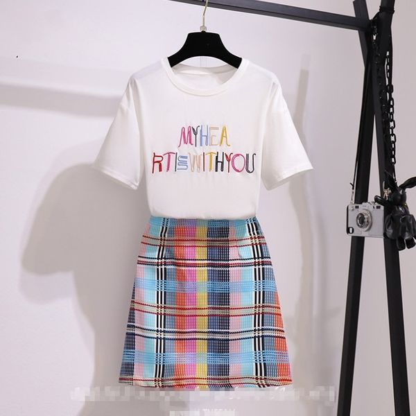 

korean summer women 2 piece set casual white letter embroidery t-shirt + plaid a-line mini skirts suit female 210518