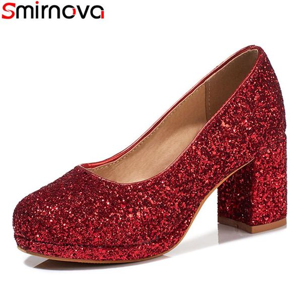 

smirnova large size 30-43 2021 fashion thick high heels round toe platform wedding shoes black red pink slip-on women pumps dress