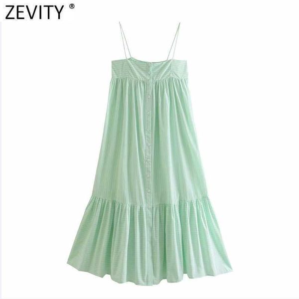

zevity women fashion striped print breasted sling midi dress female spaghetti strap summer vestido chic pleats dresses ds8362 210603, Black;gray