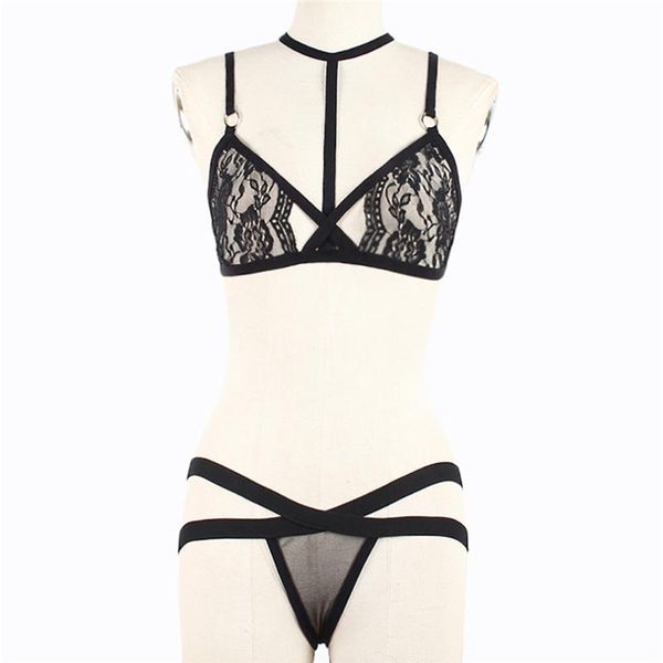 

bras sets 2pc ladies lingerie halter sleepwear lace costumes women hollow bandage erotic porno costume a20, Red;black