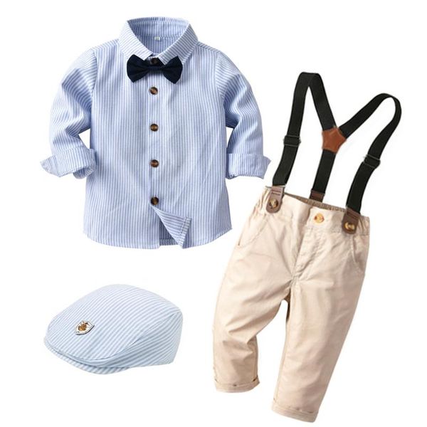 

clothing sets toddler children clothes casual boys set with hat striped shirt + tie pants belt 5 pcs baby kids long-sleeves dress, White