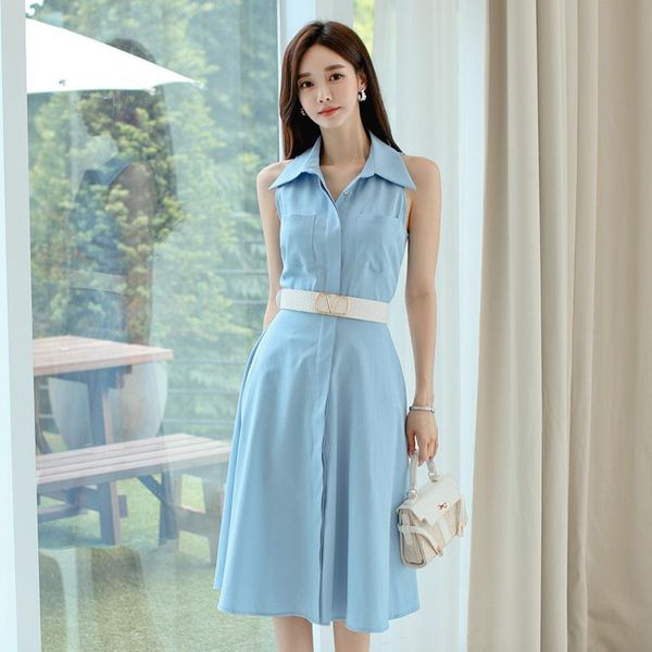 

casual dresses cmaz summer for women fashion turn down collar mouwloos shirt women's dress sunflower blue, Black;gray