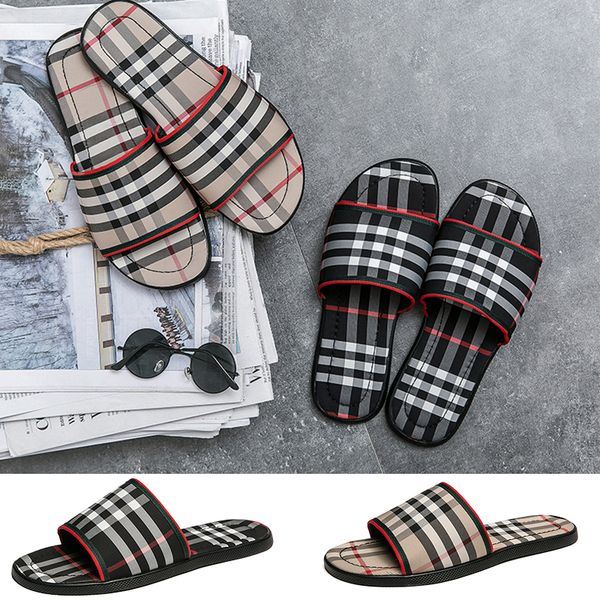 

luxury grid pattern slipper men brand designer slides fashion summer beach flat sandals slippers black khaki outdoor indoor flip flops