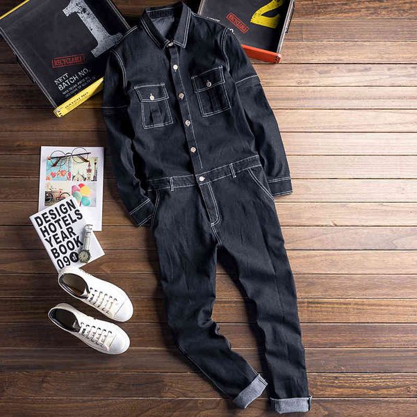 

men's jeans embroidery long detachable sleeve black denim jumpsuits casual embroidered pockets cargo jeans overalls pants 2tgg, Blue