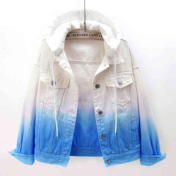 

women's fur & faux fashion gradient color denim jacket women spring autumn korean casual students hooded jeans coat female loose, Black