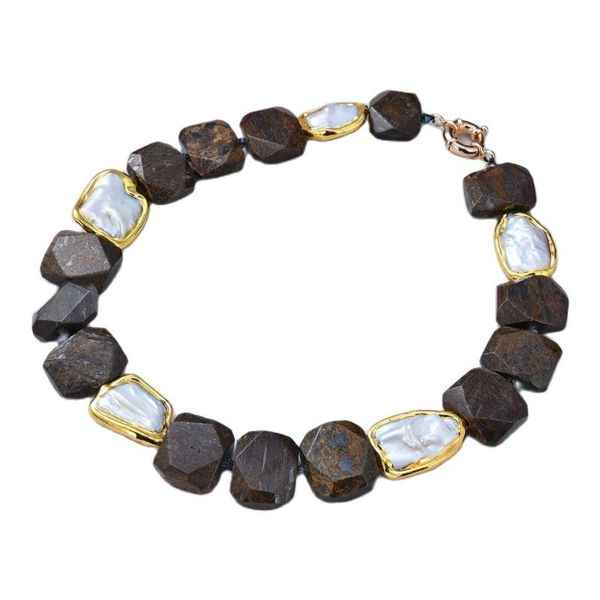 

chokers jk natural white pearl gold color faceted bronzite chunky rectangle slice rectangular necklace lady jewelry, Golden;silver