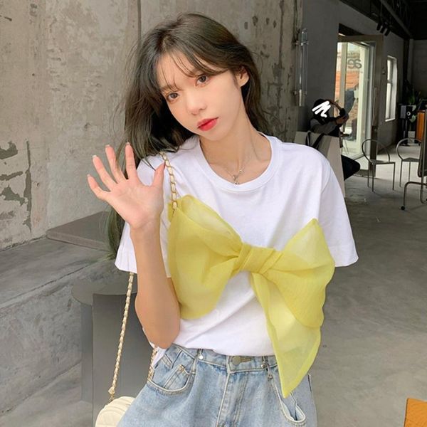 

women's t-shirt 2021 summer woman tshirts chic big bow sweet shirt korean casual tees ropa mujer o-neck short sleeve women, White
