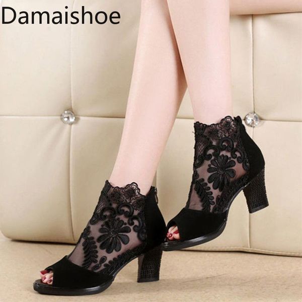 

dress shoes spring and summer sandals women's 2021 fashion peep toe mid heel plus size breathable ladies's lace high-heeled, Black