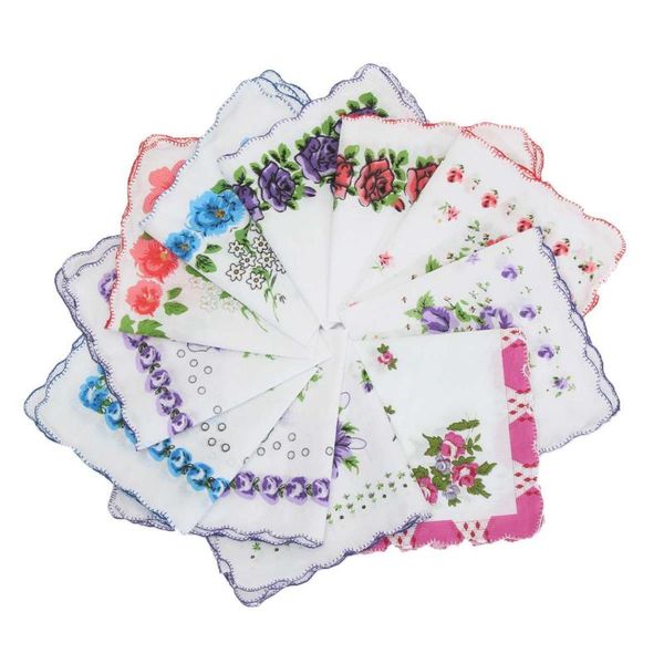 

neck ties 20 pcs/lot cotton flower square handkerchief for women lovely wave brim floral hanky handkerchiefs ladies embroidery hand towel, Blue;purple
