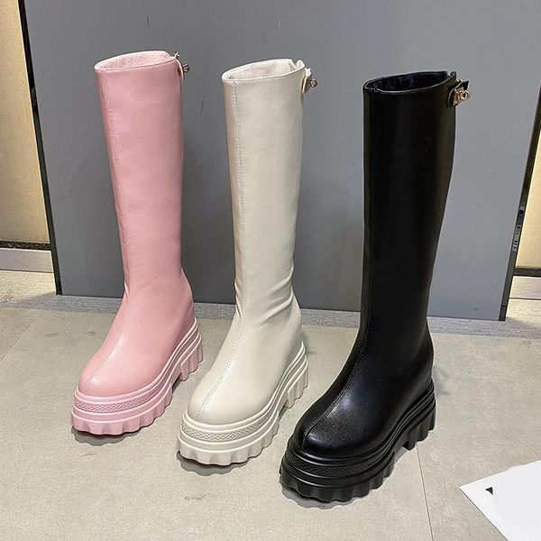 

boots shoes women 2021 round toe thigh high heels winter footwear zipper clogs platform rock over-the-knee st, Black