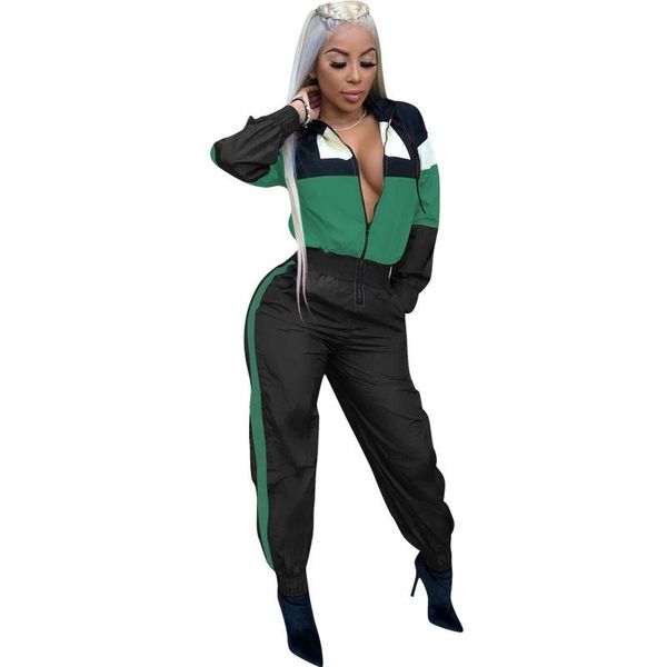 

women's jumpsuits & rompers fashion 2021 color block patchwork hooded jumpsuit zipper front long sleeve loose romper casual palysuit wo, Black;white
