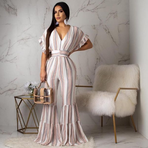 

women's jumpsuits & rompers short sleeve wide leg womens jumpsuit romper ruffles casual playsuit women one piece elegant v neck oversiz, Black;white